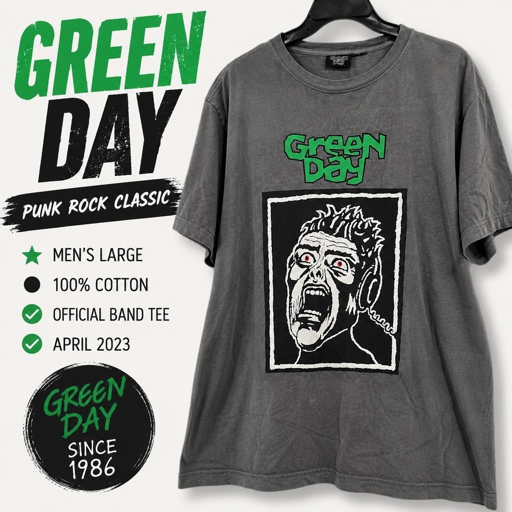 Green Day Men's L Gray Graphic T-Shirt Scream Face Punk Rock Band Tee 2023